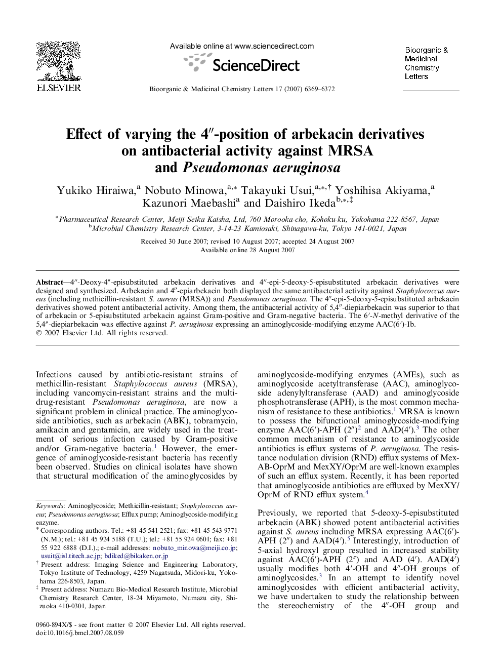 Effect of varying the 4″-position of arbekacin derivatives on antibacterial activity against MRSA and Pseudomonas aeruginosa