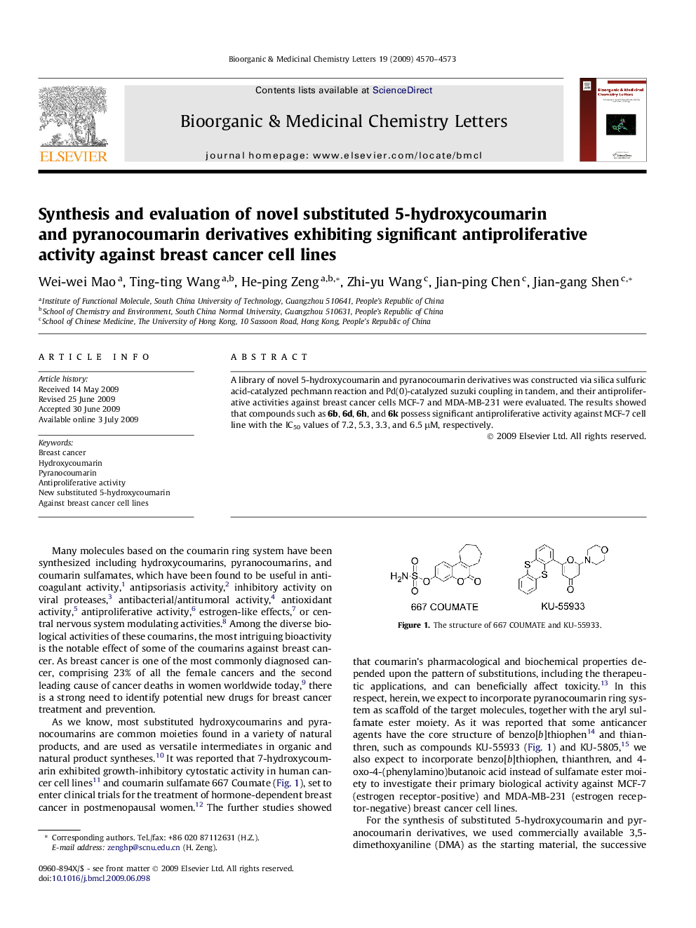 Synthesis and evaluation of novel substituted 5-hydroxycoumarin and pyranocoumarin derivatives exhibiting significant antiproliferative activity against breast cancer cell lines