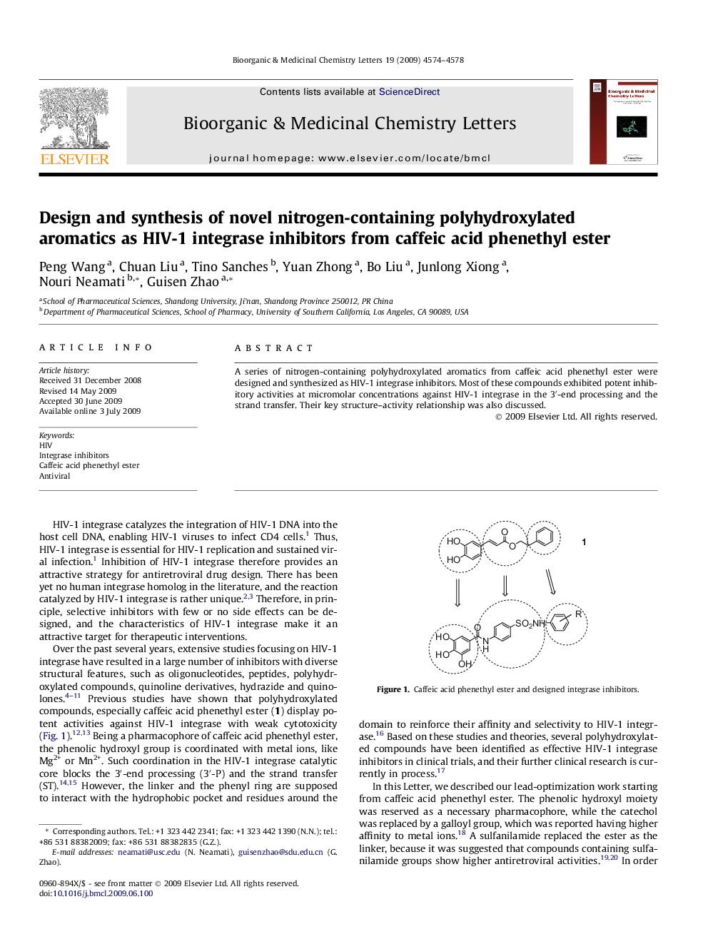 Design and synthesis of novel nitrogen-containing polyhydroxylated aromatics as HIV-1 integrase inhibitors from caffeic acid phenethyl ester