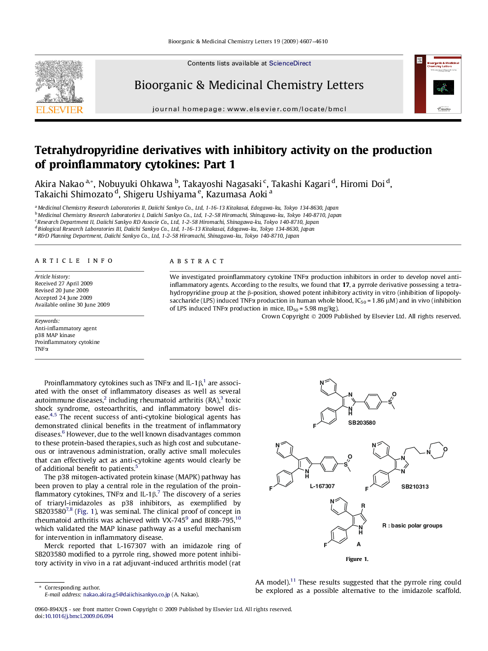 Tetrahydropyridine derivatives with inhibitory activity on the production of proinflammatory cytokines: Part 1