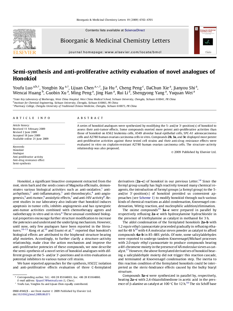 Semi-synthesis and anti-proliferative activity evaluation of novel analogues of Honokiol
