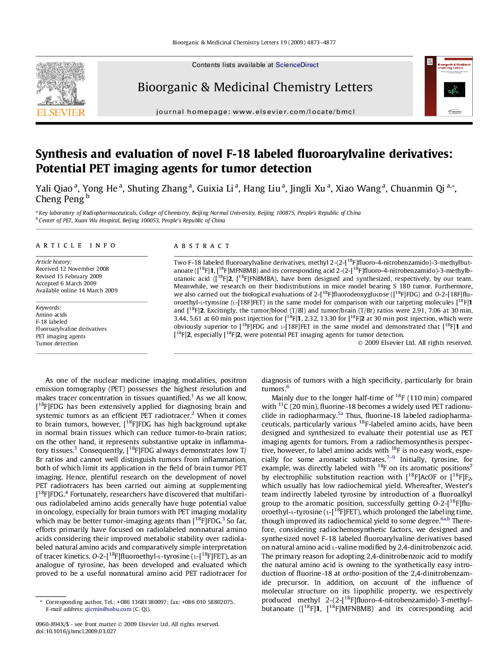 Synthesis and evaluation of novel F-18 labeled fluoroarylvaline derivatives: Potential PET imaging agents for tumor detection