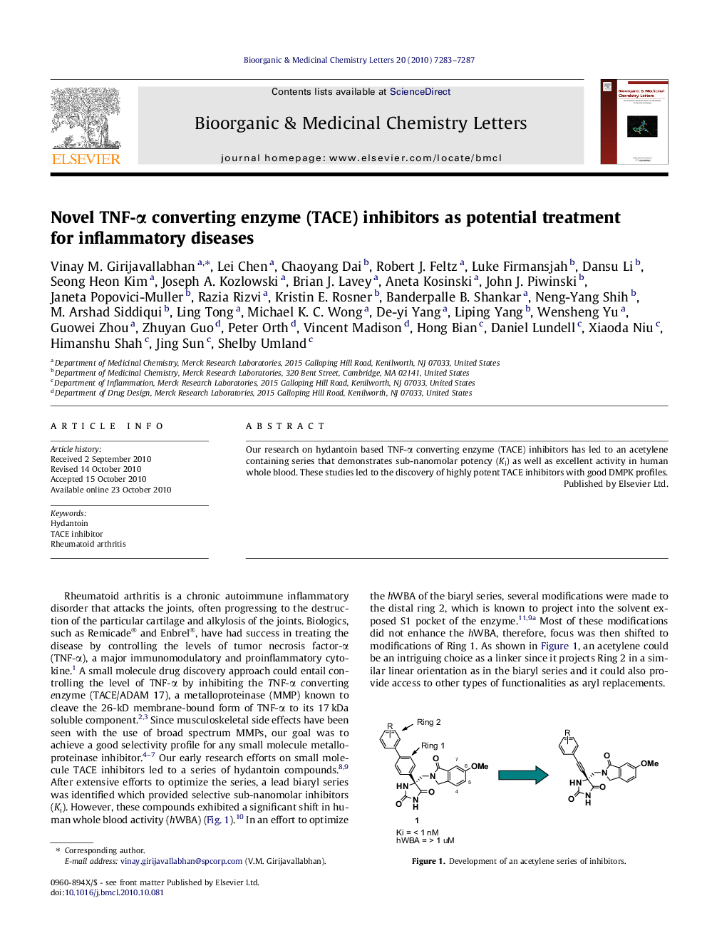 Novel TNF-α converting enzyme (TACE) inhibitors as potential treatment for inflammatory diseases