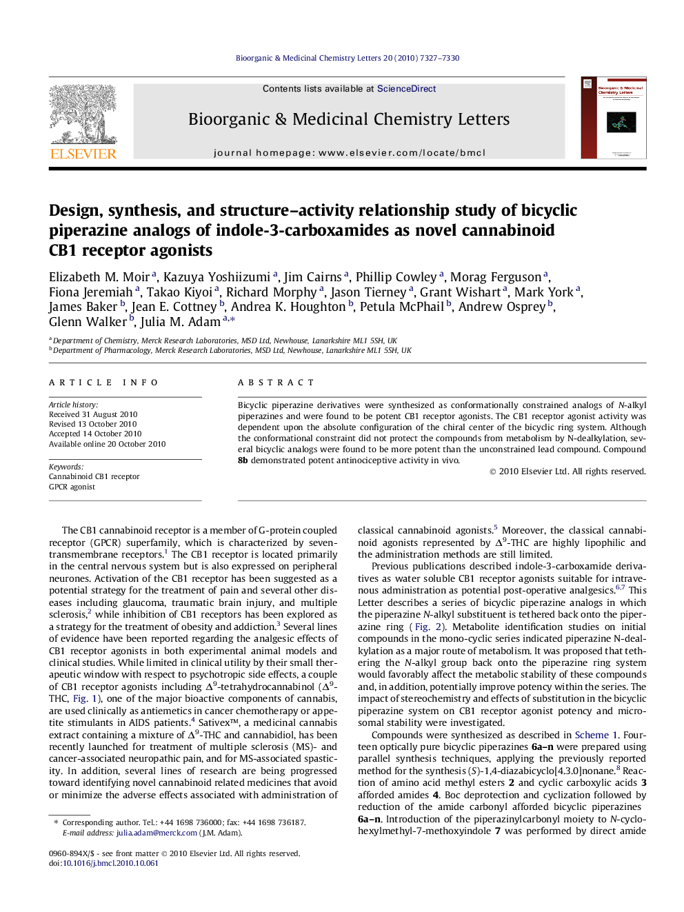 Design, synthesis, and structure–activity relationship study of bicyclic piperazine analogs of indole-3-carboxamides as novel cannabinoid CB1 receptor agonists