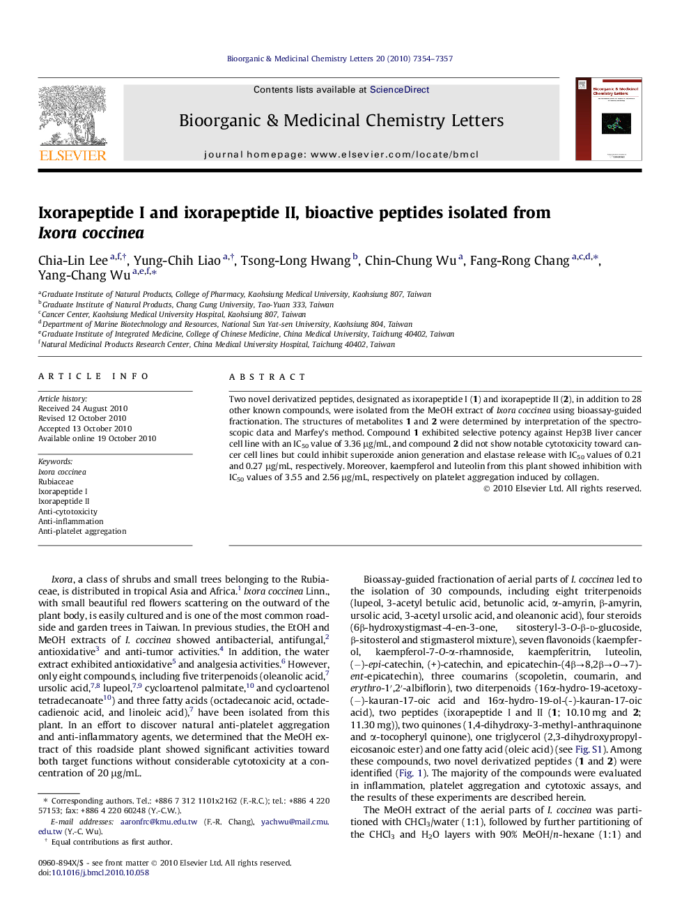 Ixorapeptide I and ixorapeptide II, bioactive peptides isolated from Ixora coccinea