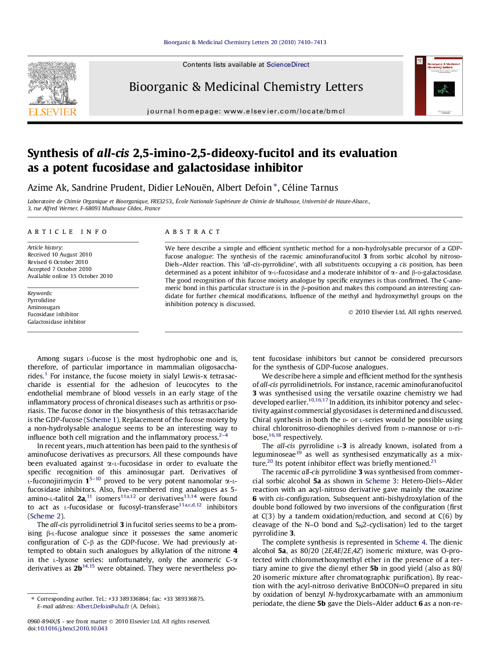 Synthesis of all-cis 2,5-imino-2,5-dideoxy-fucitol and its evaluation as a potent fucosidase and galactosidase inhibitor