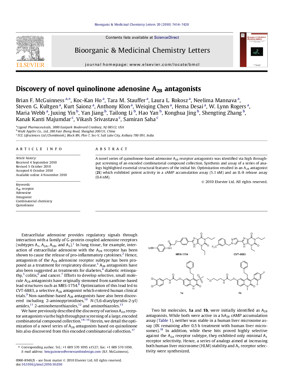 Discovery of novel quinolinone adenosine A2B antagonists