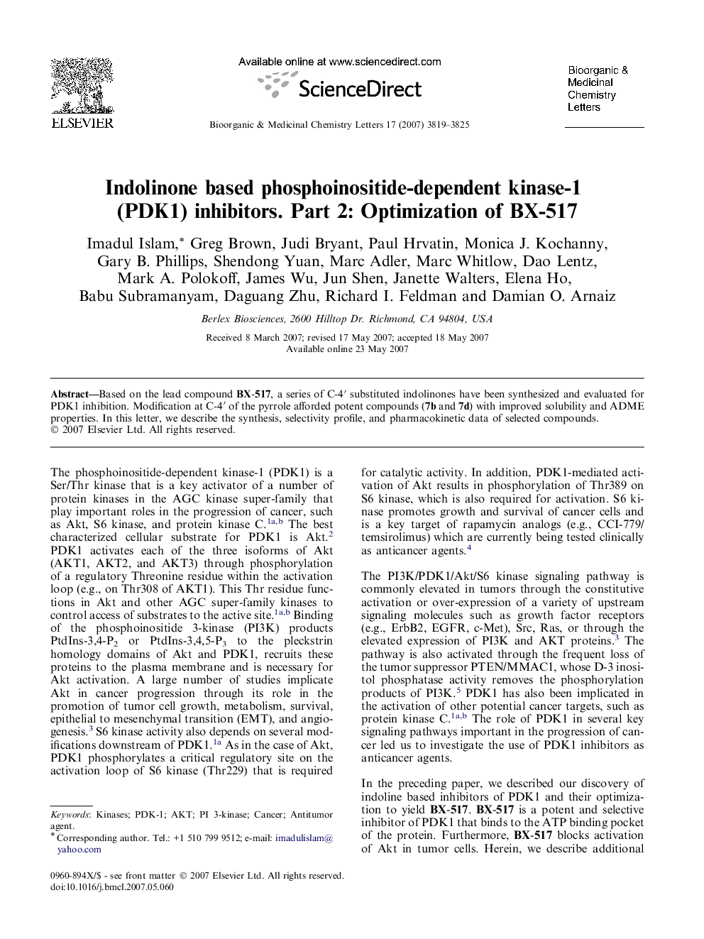 Indolinone based phosphoinositide-dependent kinase-1 (PDK1) inhibitors. Part 2: Optimization of BX-517