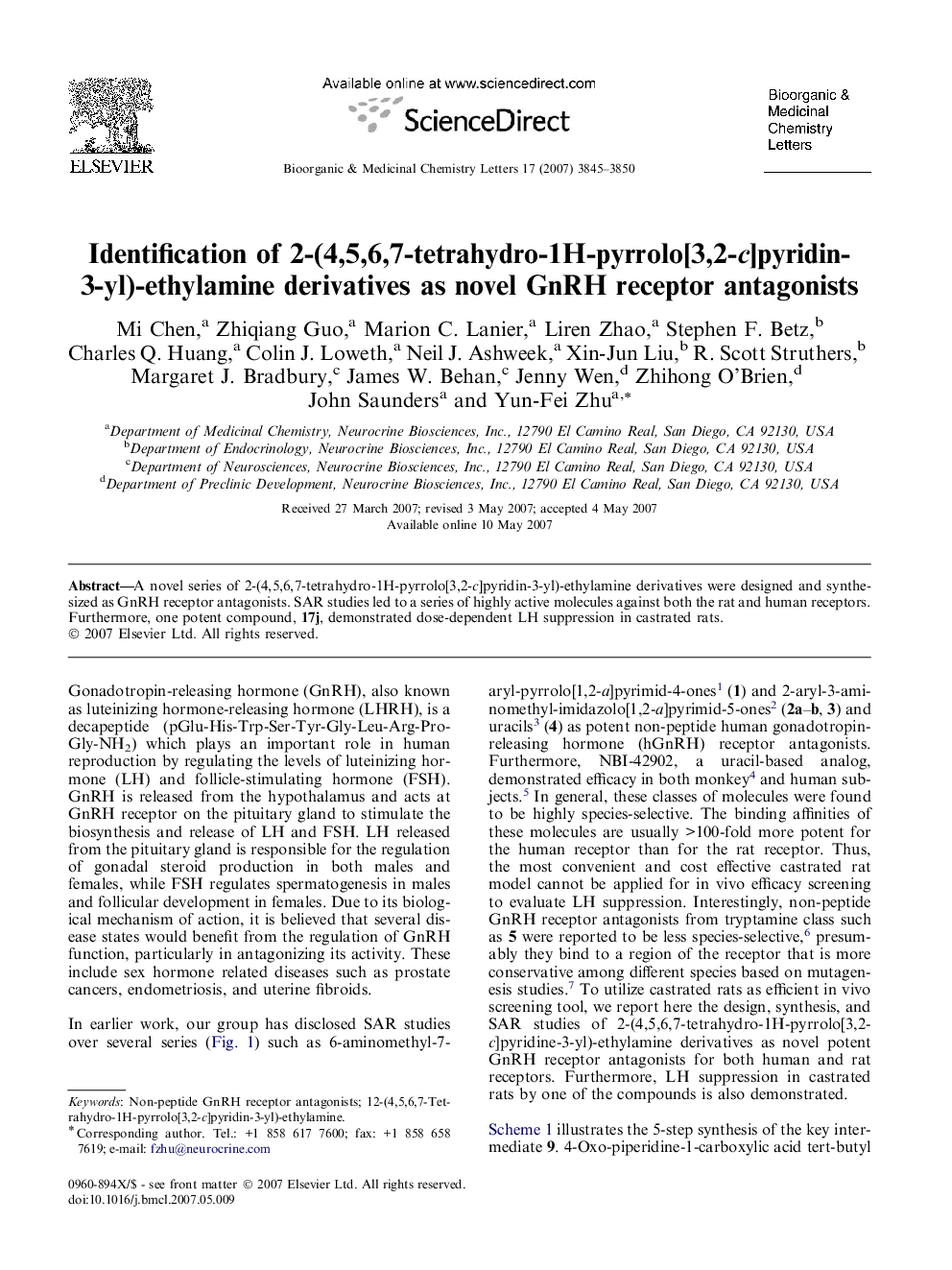 Identification of 2-(4,5,6,7-tetrahydro-1H-pyrrolo[3,2-c]pyridin-3-yl)-ethylamine derivatives as novel GnRH receptor antagonists