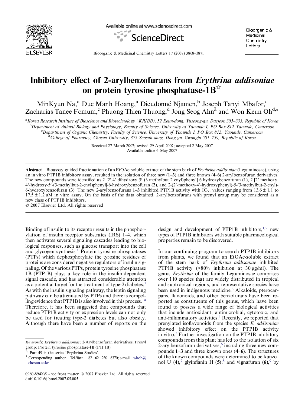 Inhibitory effect of 2-arylbenzofurans from Erythrina addisoniae on protein tyrosine phosphatase-1B 