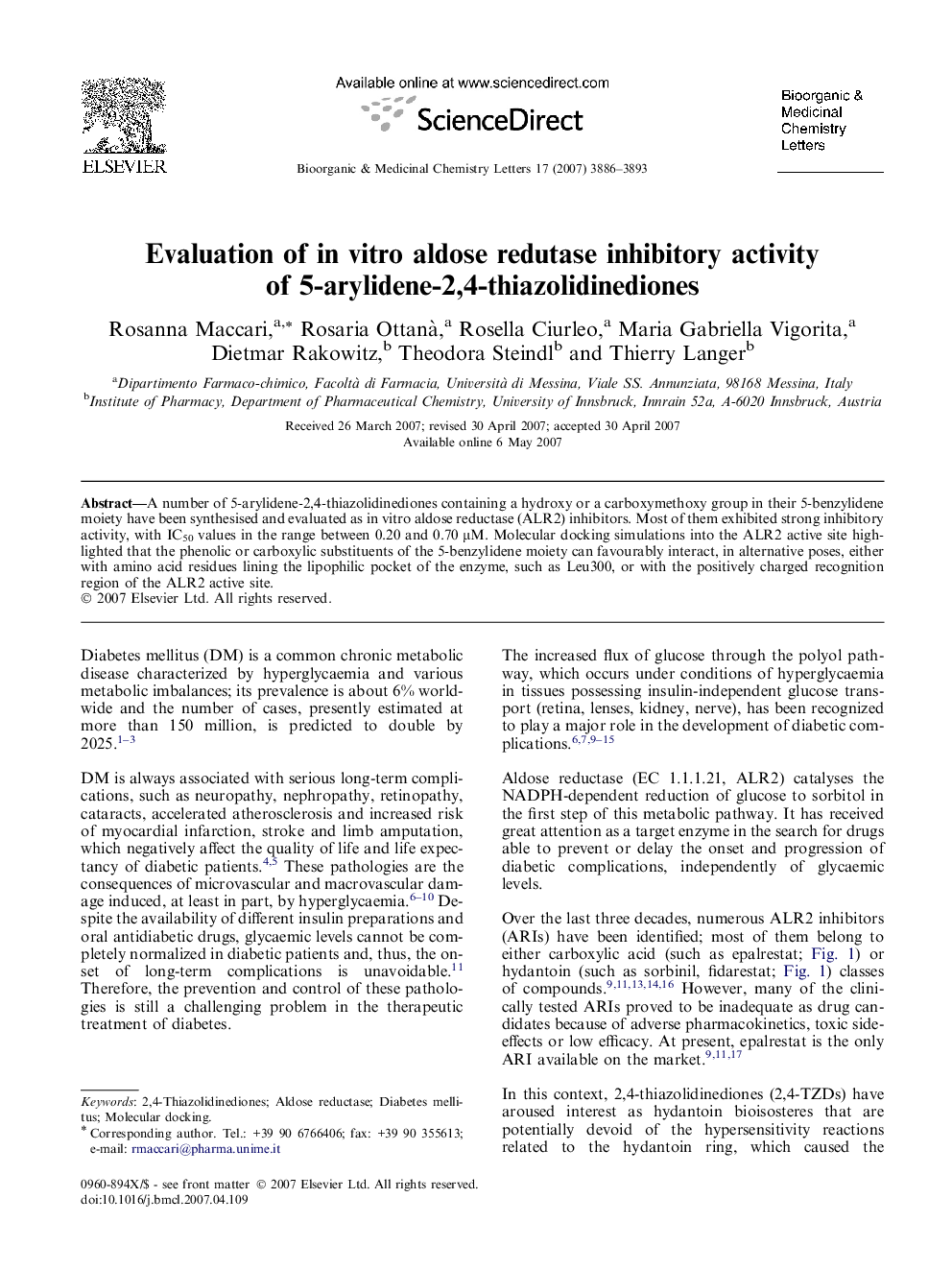 Evaluation of in vitro aldose redutase inhibitory activity of 5-arylidene-2,4-thiazolidinediones