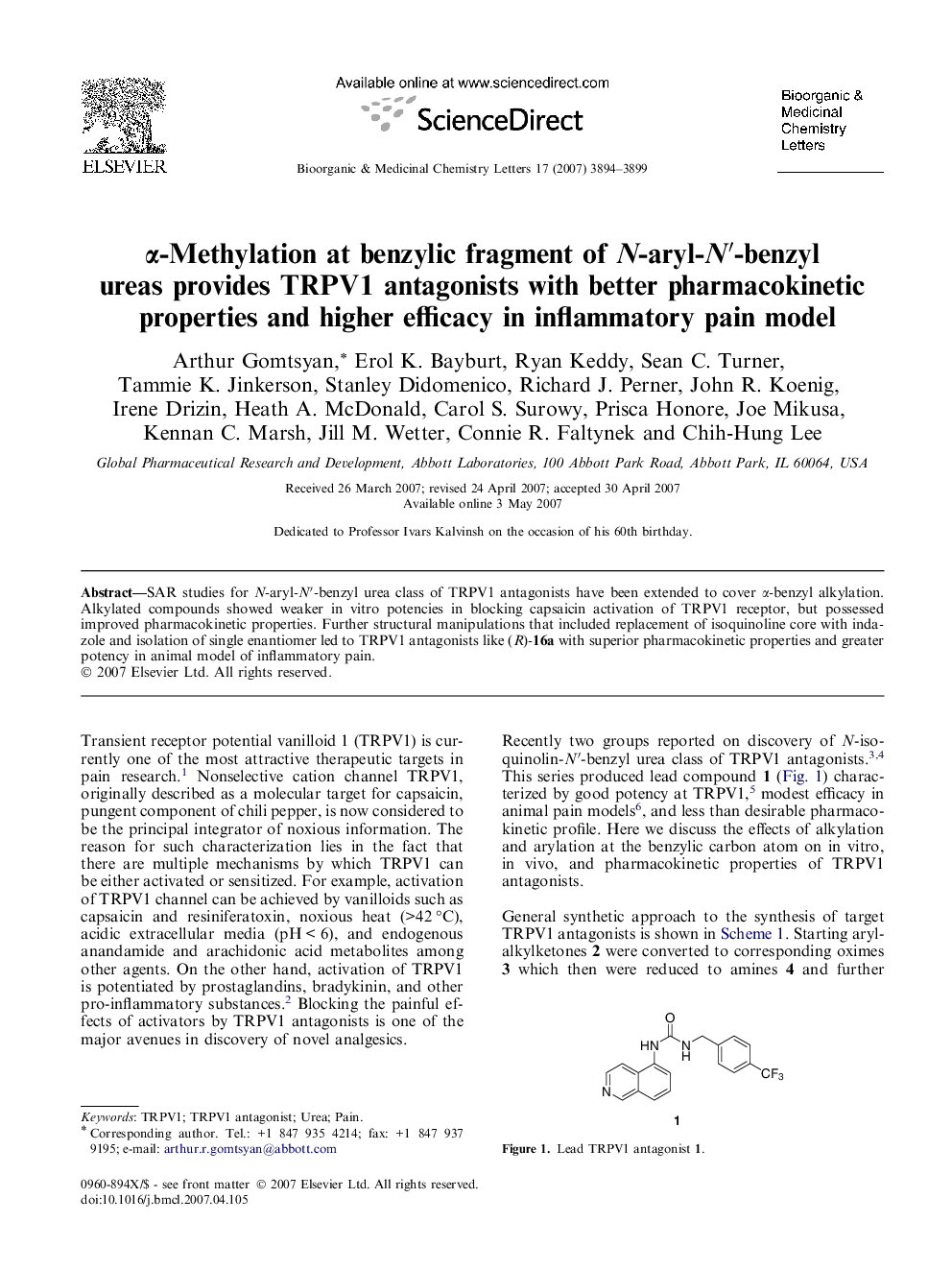 α-Methylation at benzylic fragment of N-aryl-N′-benzyl ureas provides TRPV1 antagonists with better pharmacokinetic properties and higher efficacy in inflammatory pain model