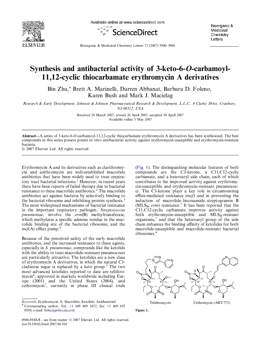 Synthesis and antibacterial activity of 3-keto-6-O-carbamoyl-11,12-cyclic thiocarbamate erythromycin A derivatives