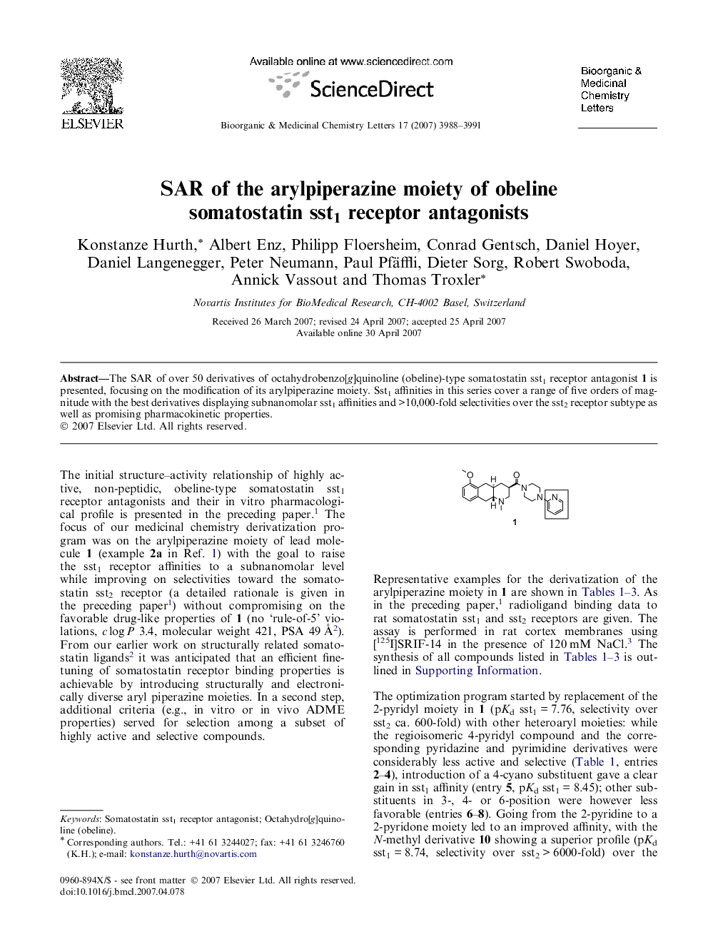 SAR of the arylpiperazine moiety of obeline somatostatin sst1 receptor antagonists