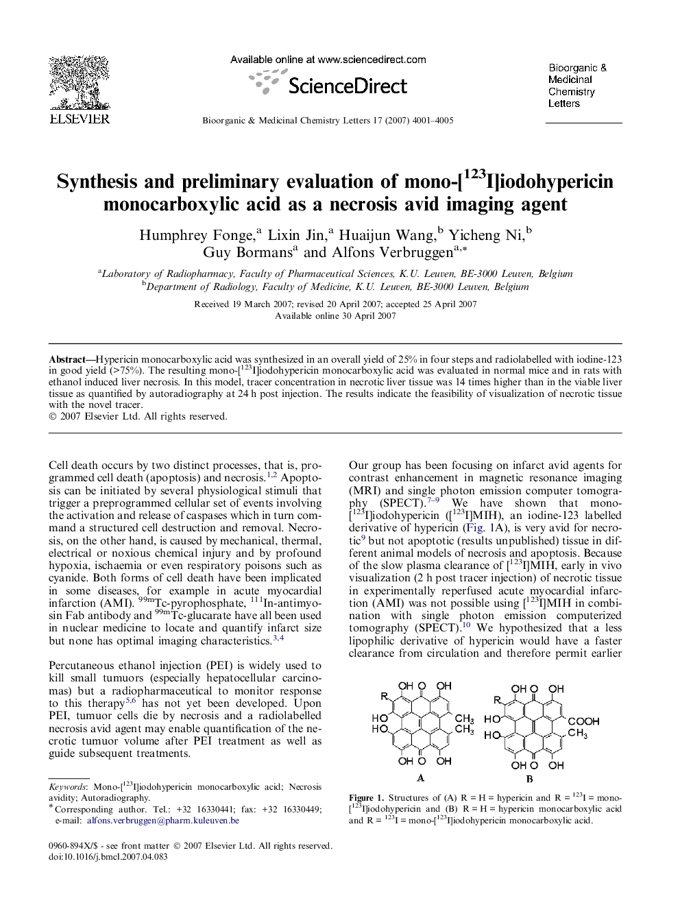 Synthesis and preliminary evaluation of mono-[123I]iodohypericin monocarboxylic acid as a necrosis avid imaging agent