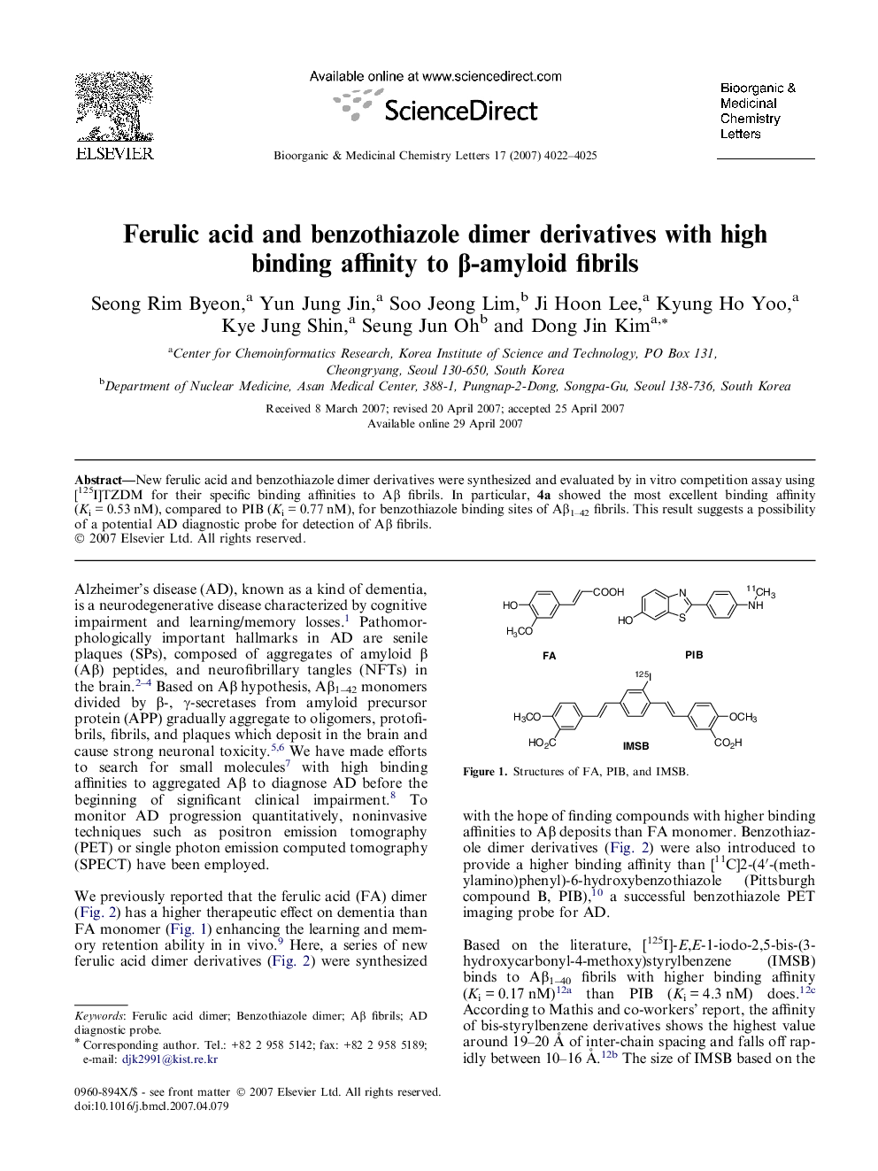 Ferulic acid and benzothiazole dimer derivatives with high binding affinity to β-amyloid fibrils