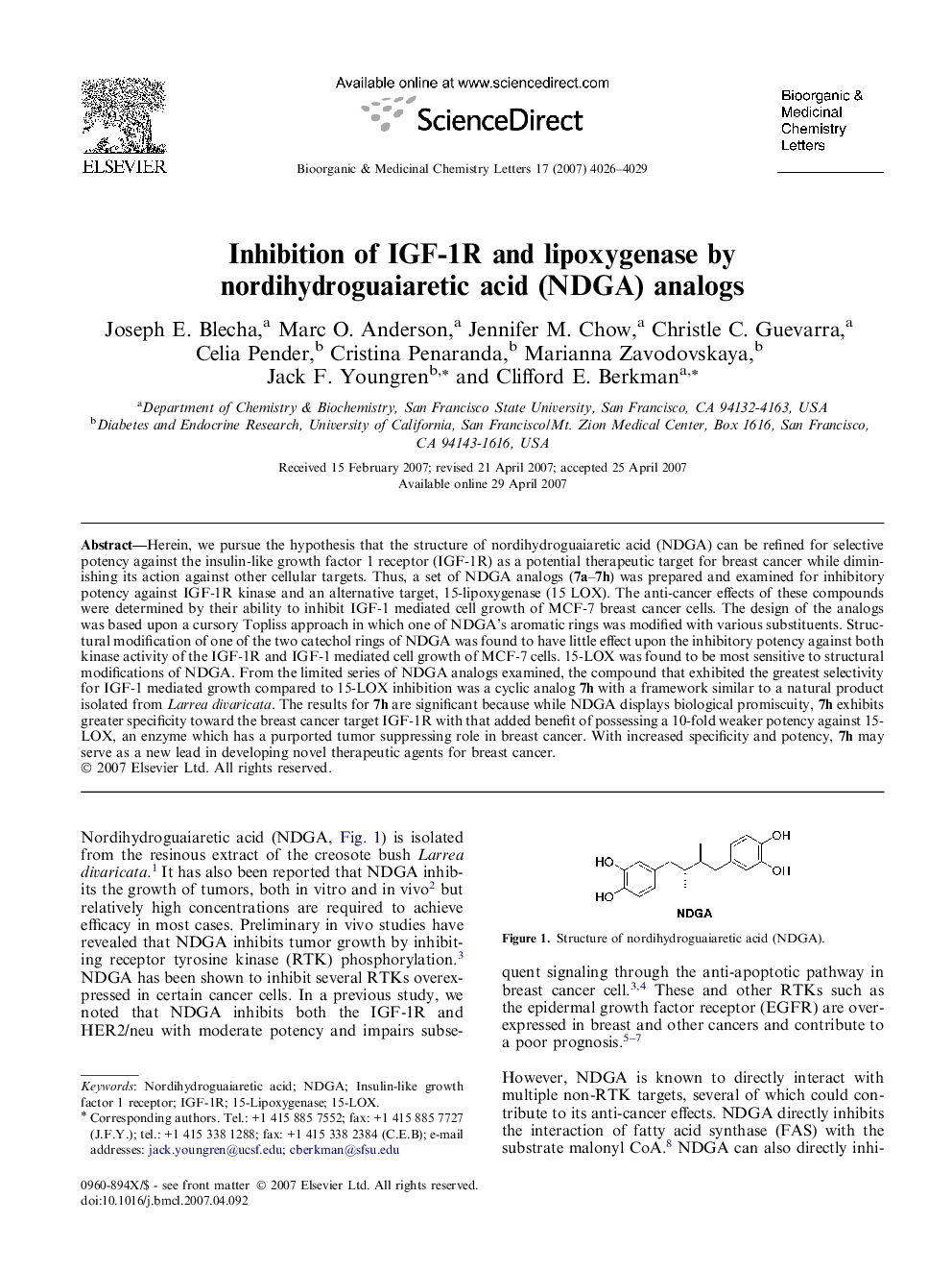 Inhibition of IGF-1R and lipoxygenase by nordihydroguaiaretic acid (NDGA) analogs