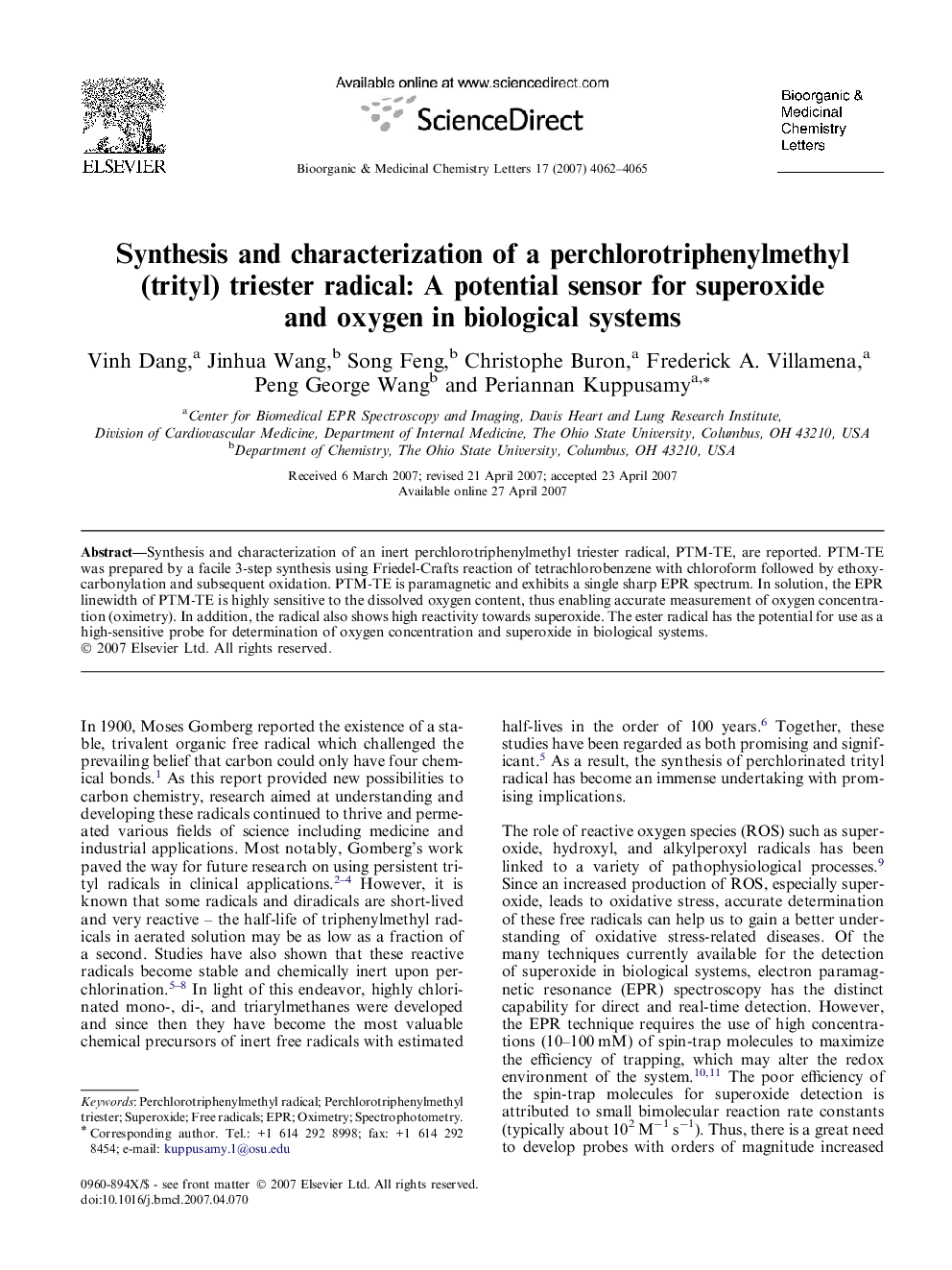 Synthesis and characterization of a perchlorotriphenylmethyl (trityl) triester radical: A potential sensor for superoxide and oxygen in biological systems