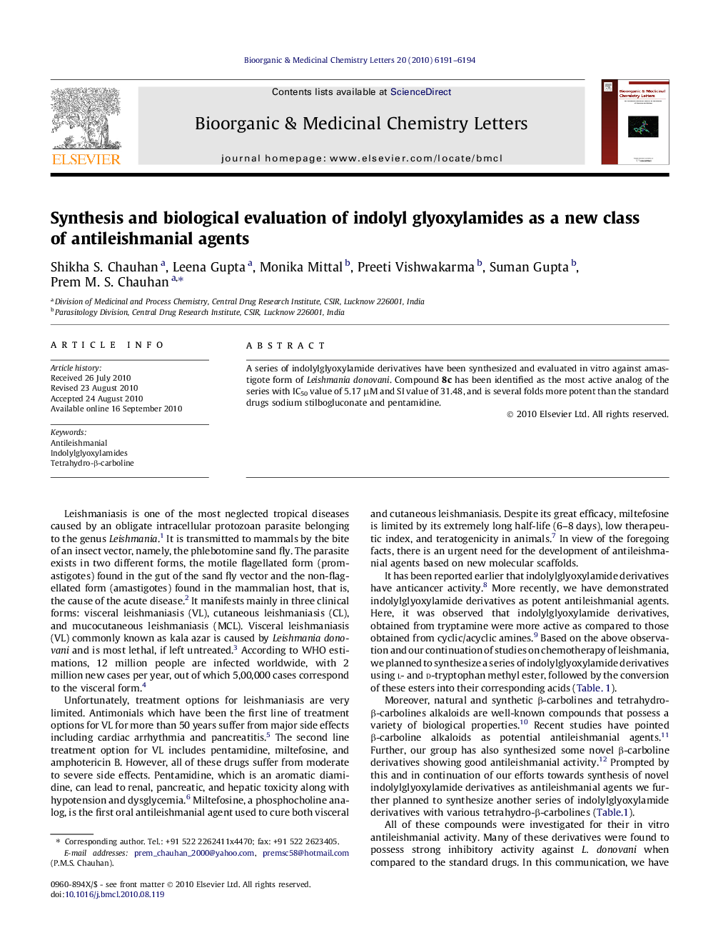 Synthesis and biological evaluation of indolyl glyoxylamides as a new class of antileishmanial agents
