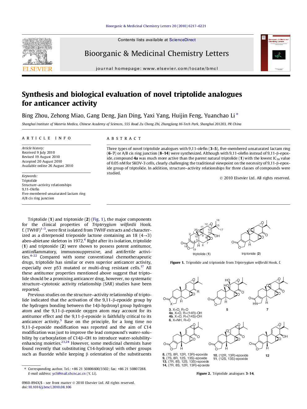 Synthesis and biological evaluation of novel triptolide analogues for anticancer activity