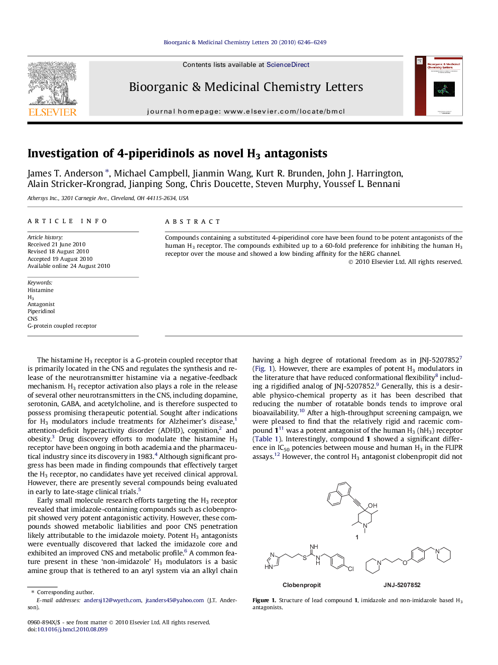 Investigation of 4-piperidinols as novel H3 antagonists