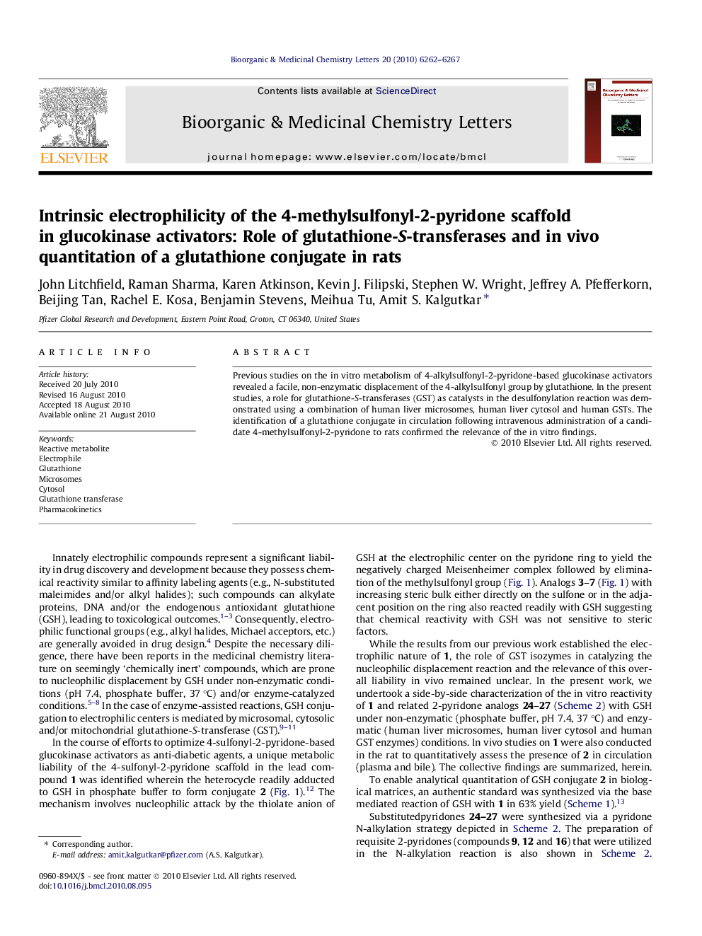 Intrinsic electrophilicity of the 4-methylsulfonyl-2-pyridone scaffold in glucokinase activators: Role of glutathione-S-transferases and in vivo quantitation of a glutathione conjugate in rats