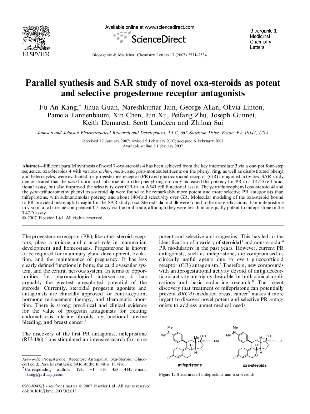 Parallel synthesis and SAR study of novel oxa-steroids as potent and selective progesterone receptor antagonists