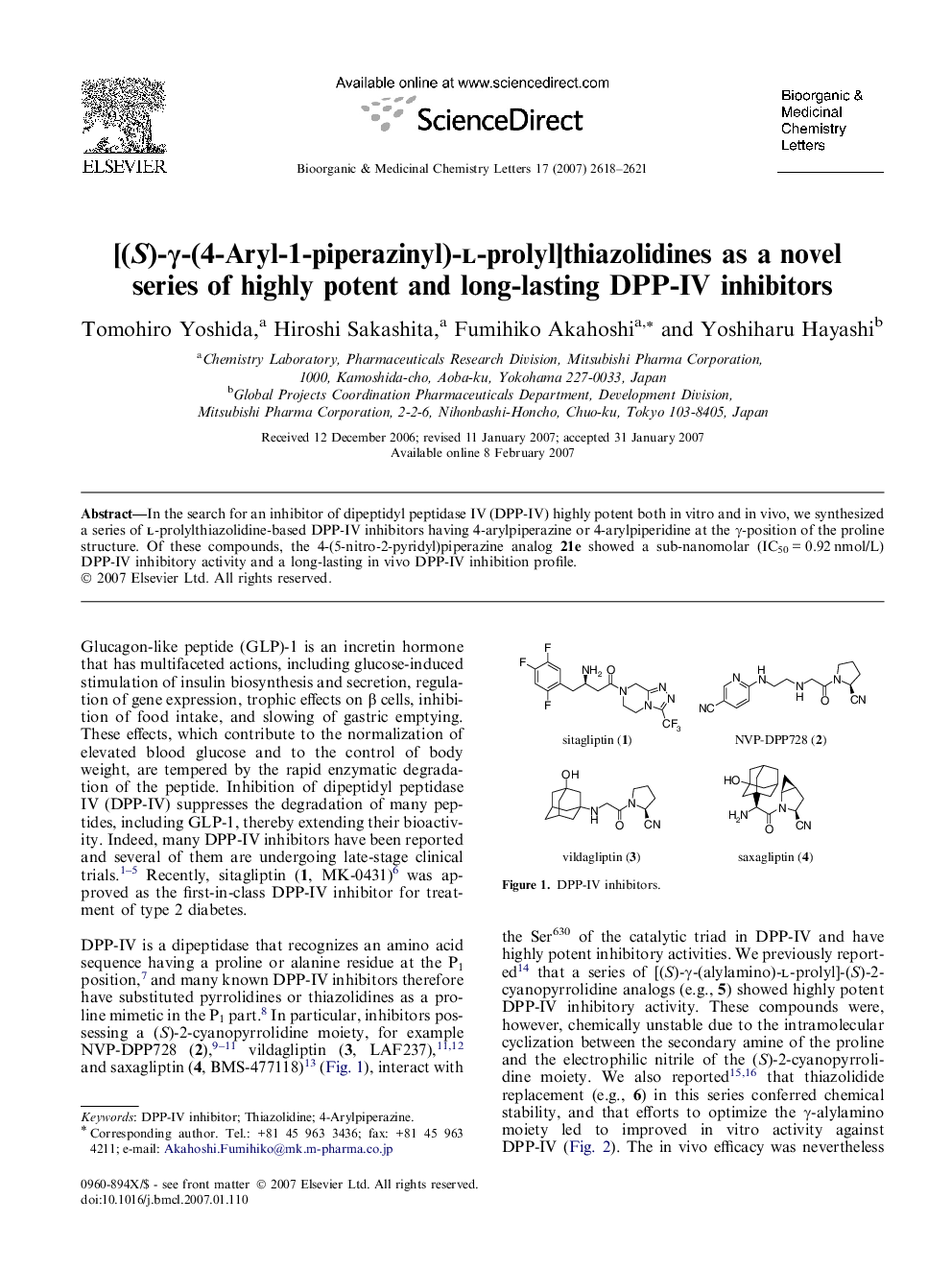 [(S)-γ-(4-Aryl-1-piperazinyl)-l-prolyl]thiazolidines as a novel series of highly potent and long-lasting DPP-IV inhibitors