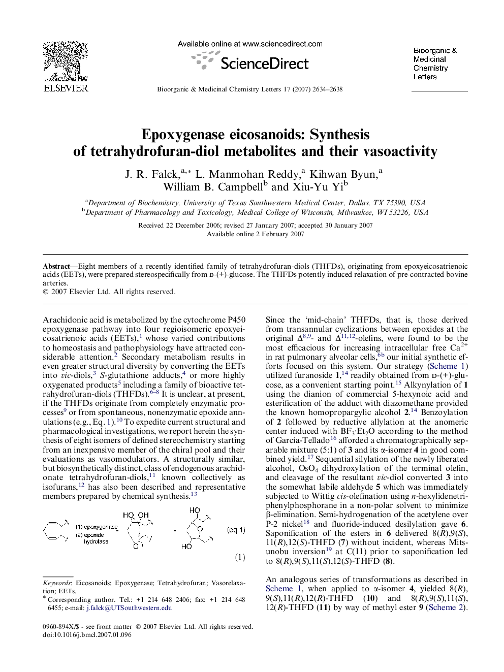 Epoxygenase eicosanoids: Synthesis of tetrahydrofuran-diol metabolites and their vasoactivity