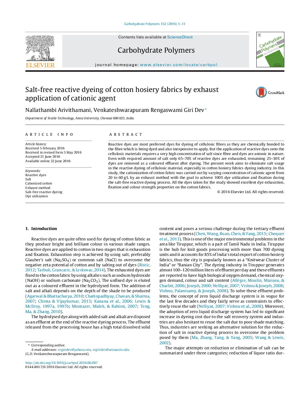 Salt-free reactive dyeing of cotton hosiery fabrics by exhaust application of cationic agent