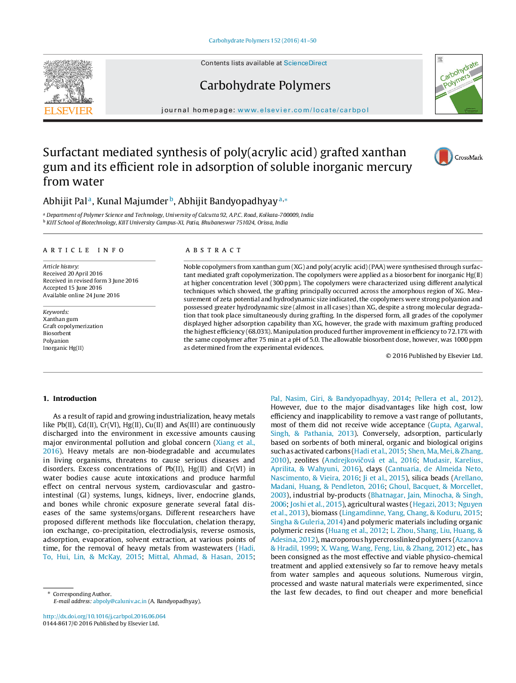 Surfactant mediated synthesis of poly(acrylic acid) grafted xanthan gum and its efficient role in adsorption of soluble inorganic mercury from water