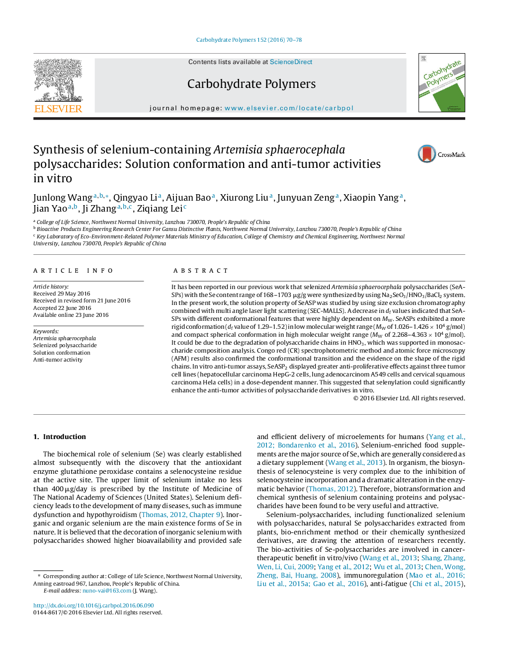 Synthesis of selenium-containing Artemisia sphaerocephala polysaccharides: Solution conformation and anti-tumor activities in vitro