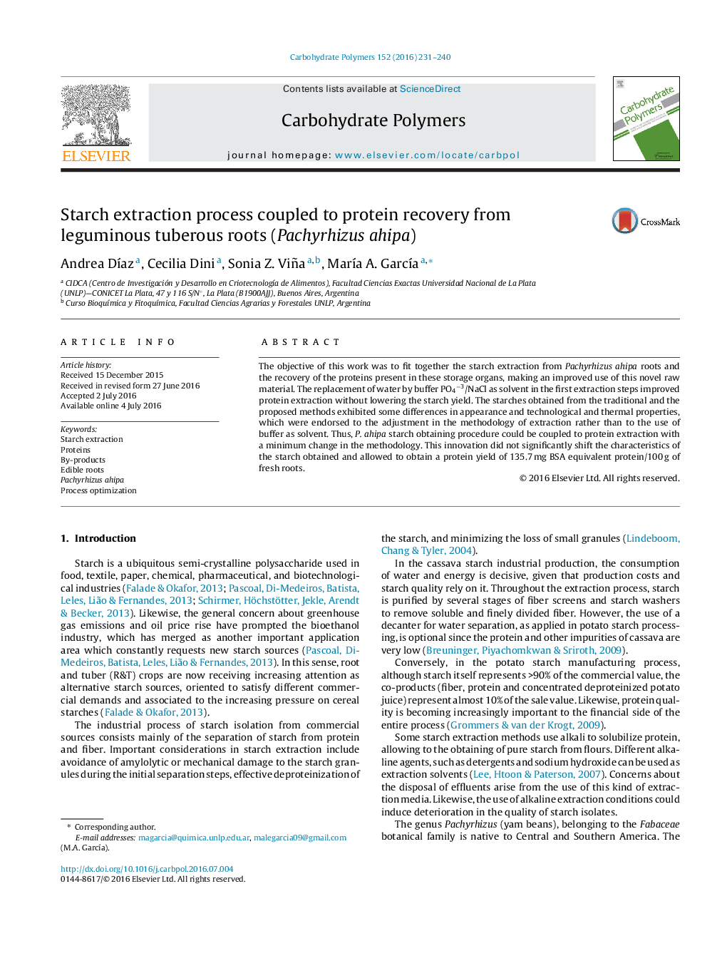 Starch extraction process coupled to protein recovery from leguminous tuberous roots (Pachyrhizus ahipa)