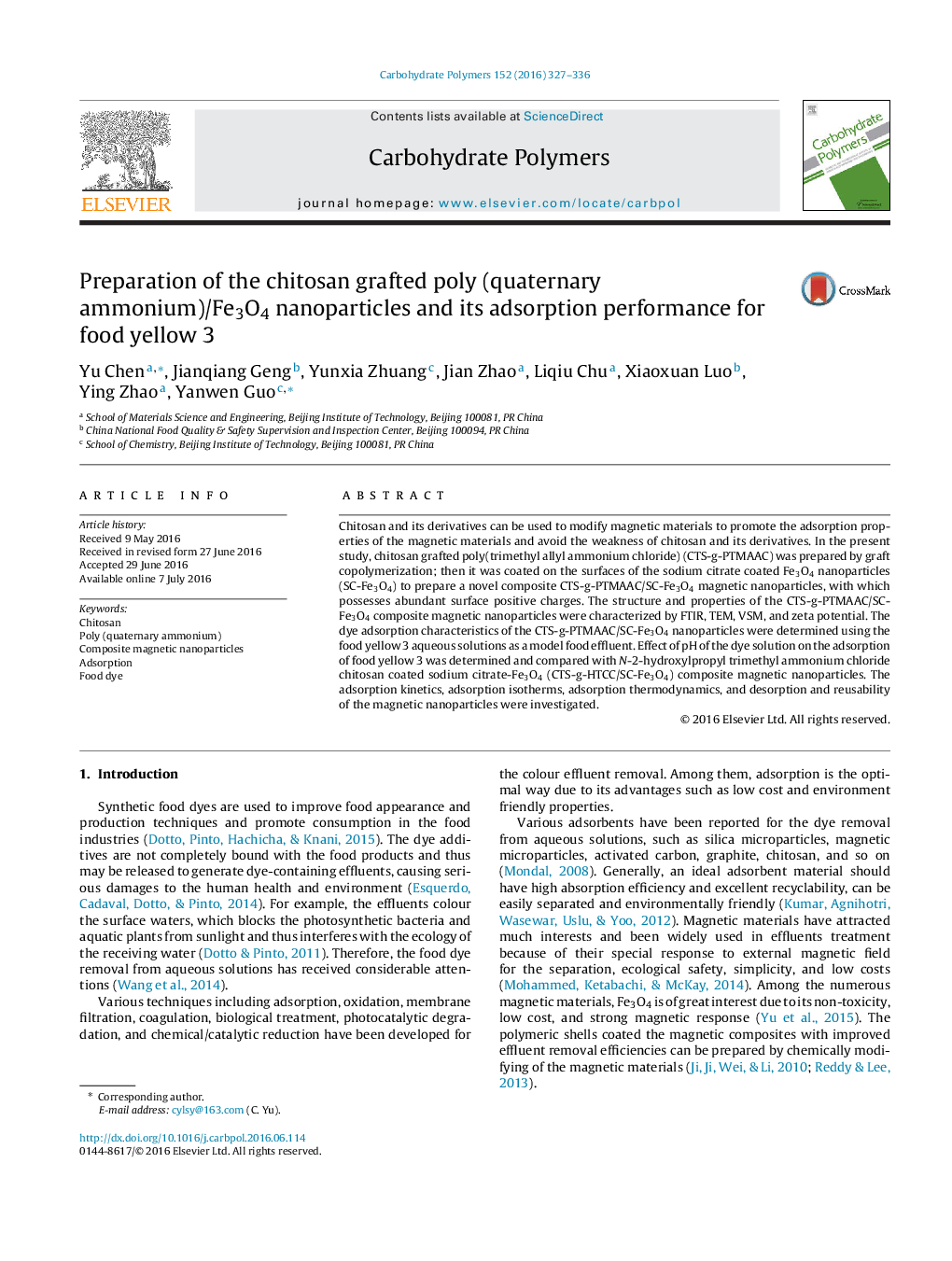 Preparation of the chitosan grafted poly (quaternary ammonium)/Fe3O4 nanoparticles and its adsorption performance for food yellow 3