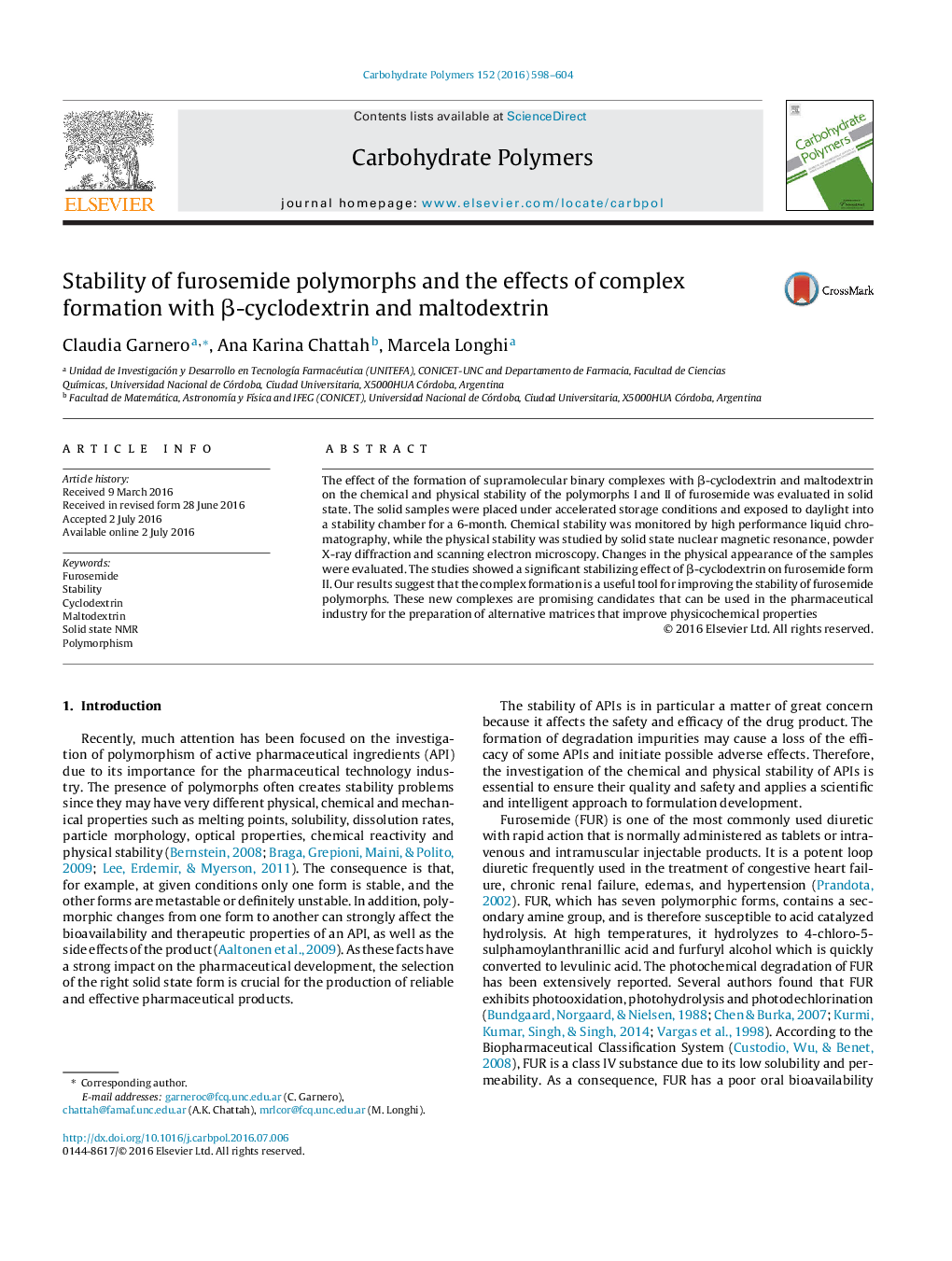 Stability of furosemide polymorphs and the effects of complex formation with β-cyclodextrin and maltodextrin