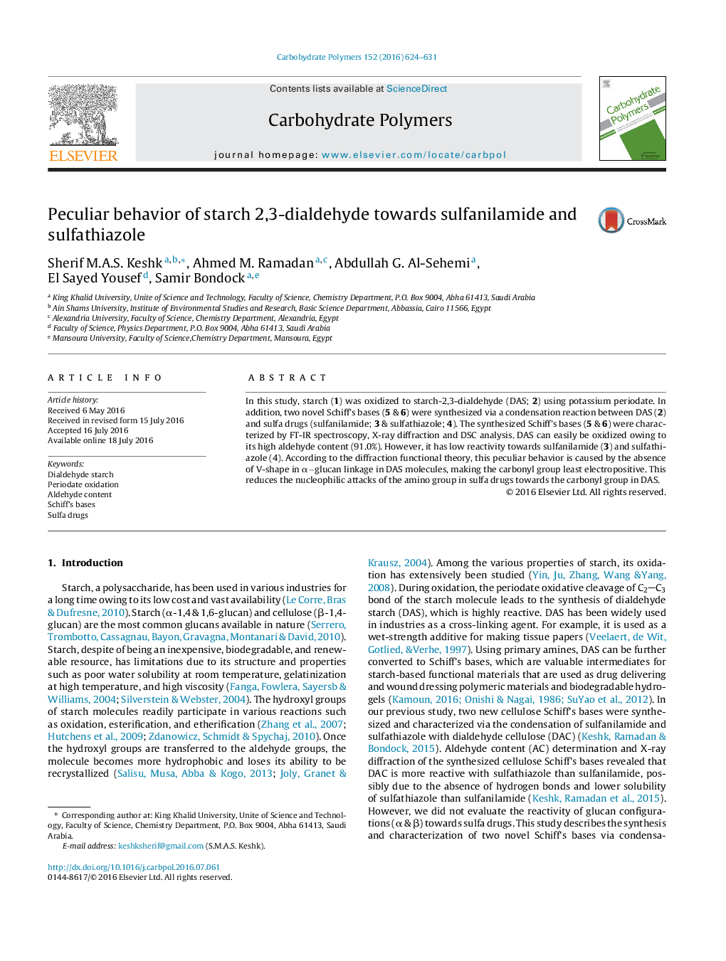 Peculiar behavior of starch 2,3-dialdehyde towards sulfanilamide and sulfathiazole