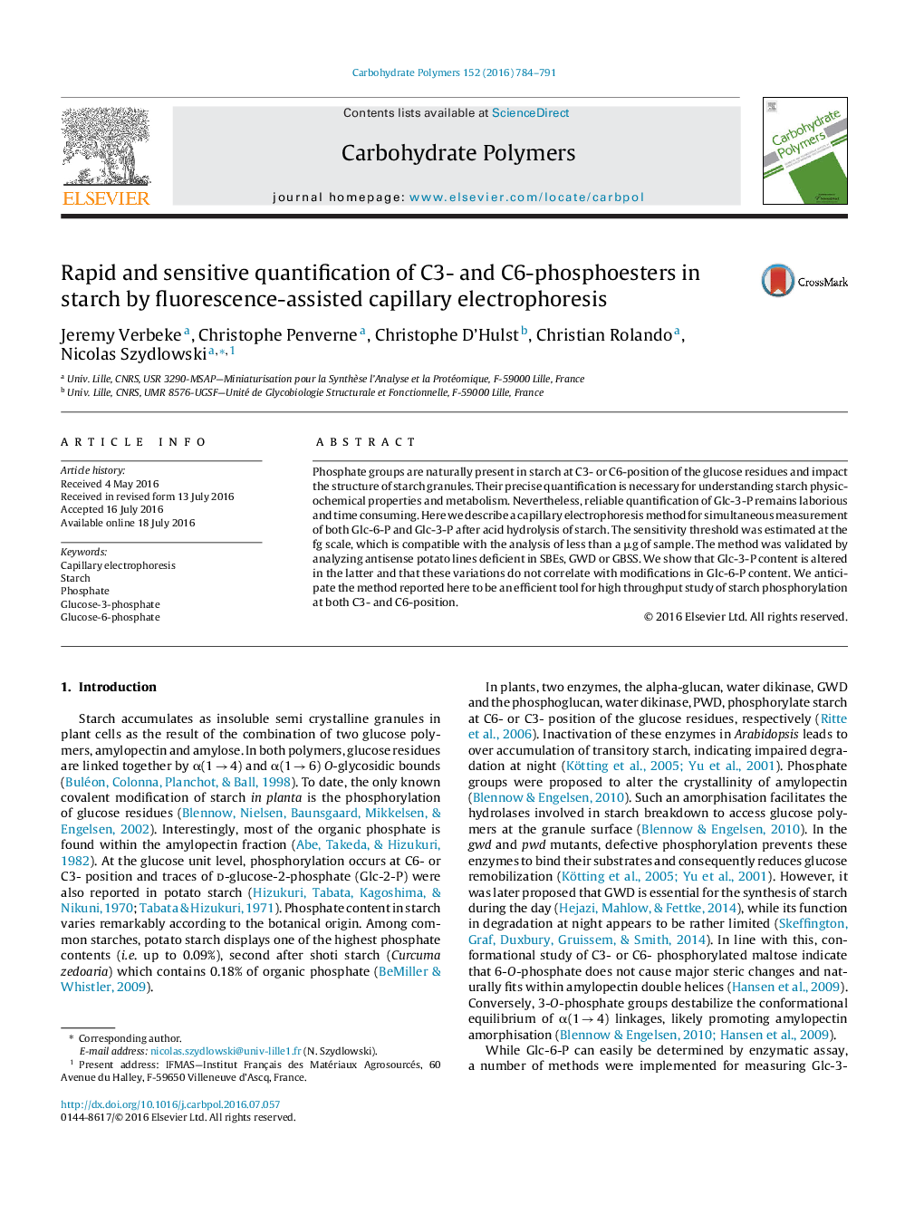 Rapid and sensitive quantification of C3- and C6-phosphoesters in starch by fluorescence-assisted capillary electrophoresis