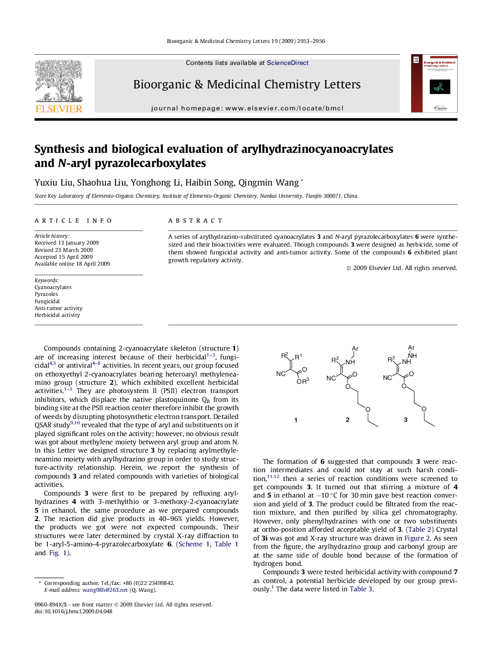 Synthesis and biological evaluation of arylhydrazinocyanoacrylates and N-aryl pyrazolecarboxylates