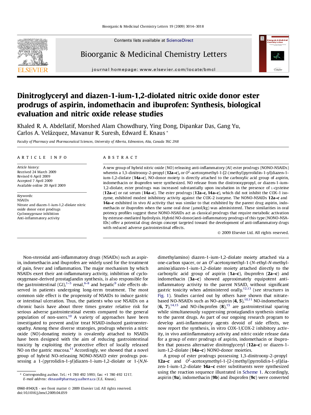 Dinitroglyceryl and diazen-1-ium-1,2-diolated nitric oxide donor ester prodrugs of aspirin, indomethacin and ibuprofen: Synthesis, biological evaluation and nitric oxide release studies