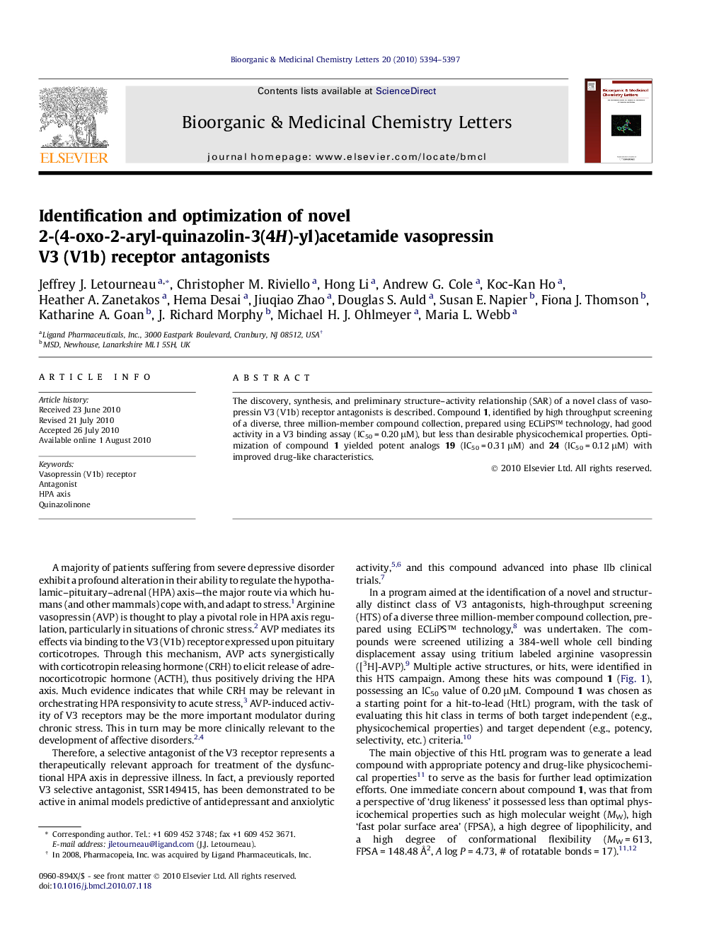 Identification and optimization of novel 2-(4-oxo-2-aryl-quinazolin-3(4H)-yl)acetamide vasopressin V3 (V1b) receptor antagonists