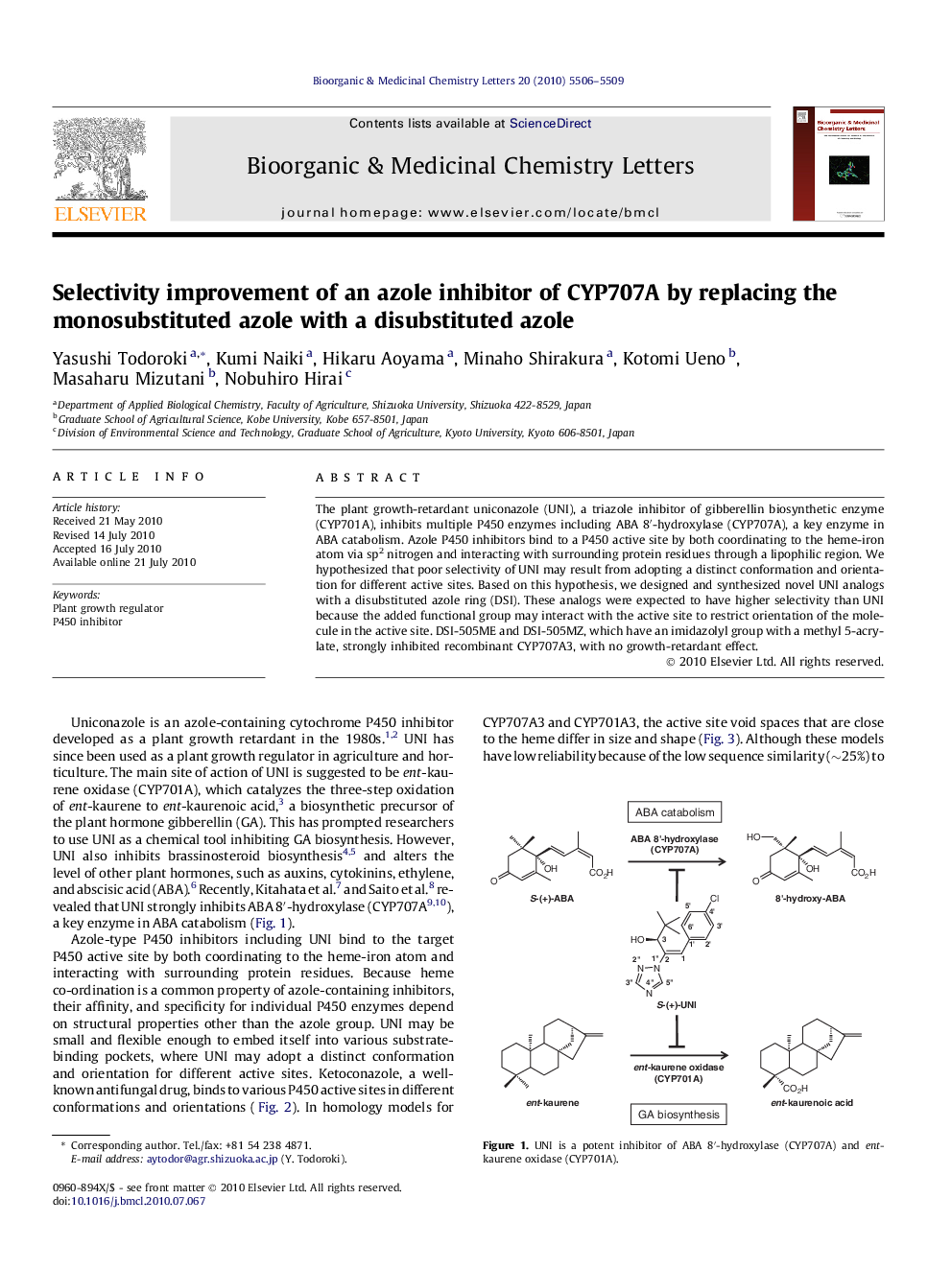 Selectivity improvement of an azole inhibitor of CYP707A by replacing the monosubstituted azole with a disubstituted azole