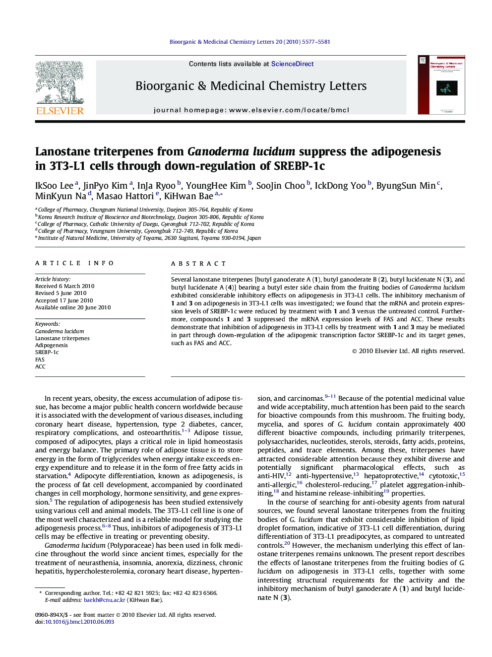 Lanostane triterpenes from Ganoderma lucidum suppress the adipogenesis in 3T3-L1 cells through down-regulation of SREBP-1c