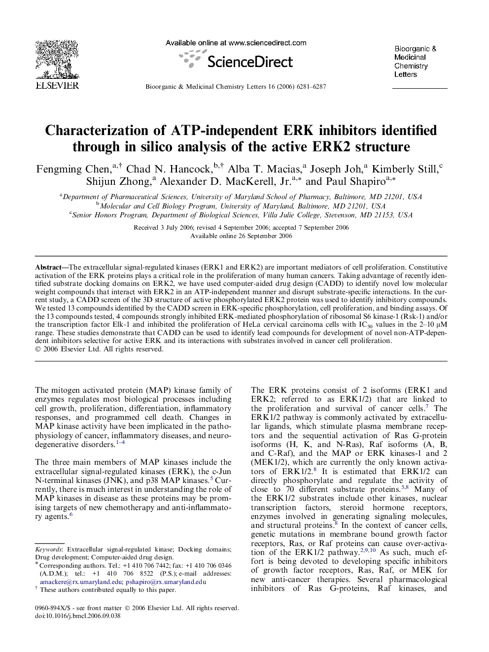 Characterization of ATP-independent ERK inhibitors identified through in silico analysis of the active ERK2 structure