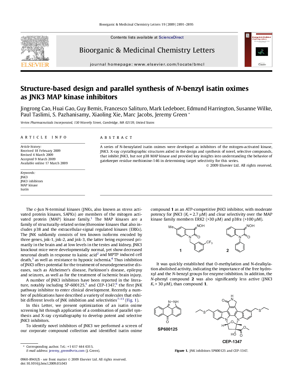 Structure-based design and parallel synthesis of N-benzyl isatin oximes as JNK3 MAP kinase inhibitors