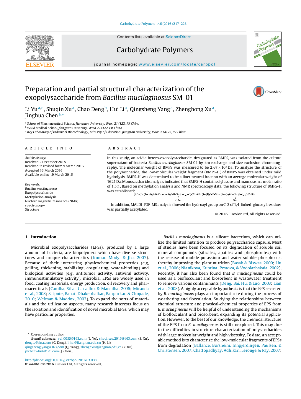 Preparation and partial structural characterization of the exopolysaccharide from Bacillus mucilaginosus SM-01