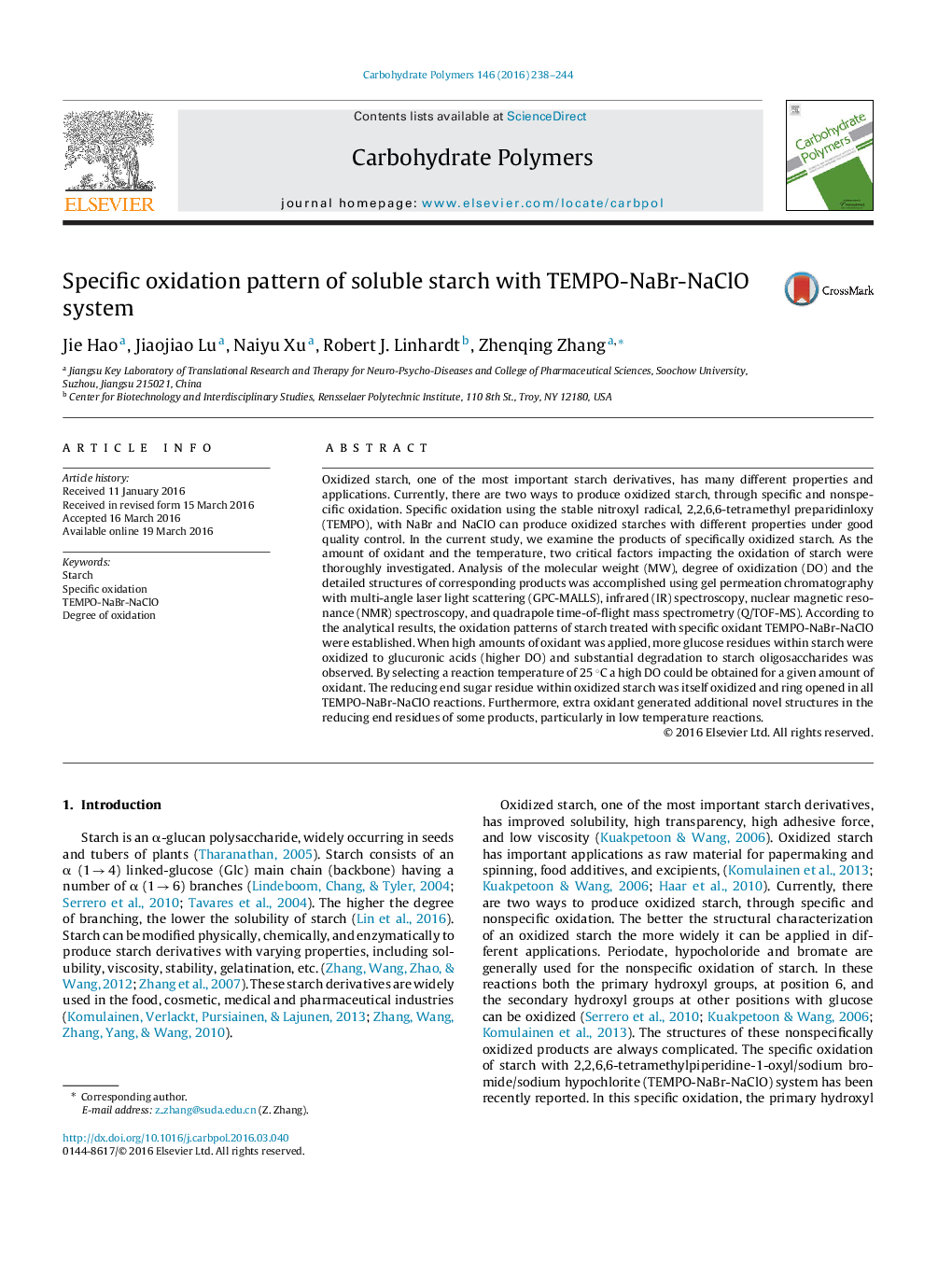 Specific oxidation pattern of soluble starch with TEMPO-NaBr-NaClO system