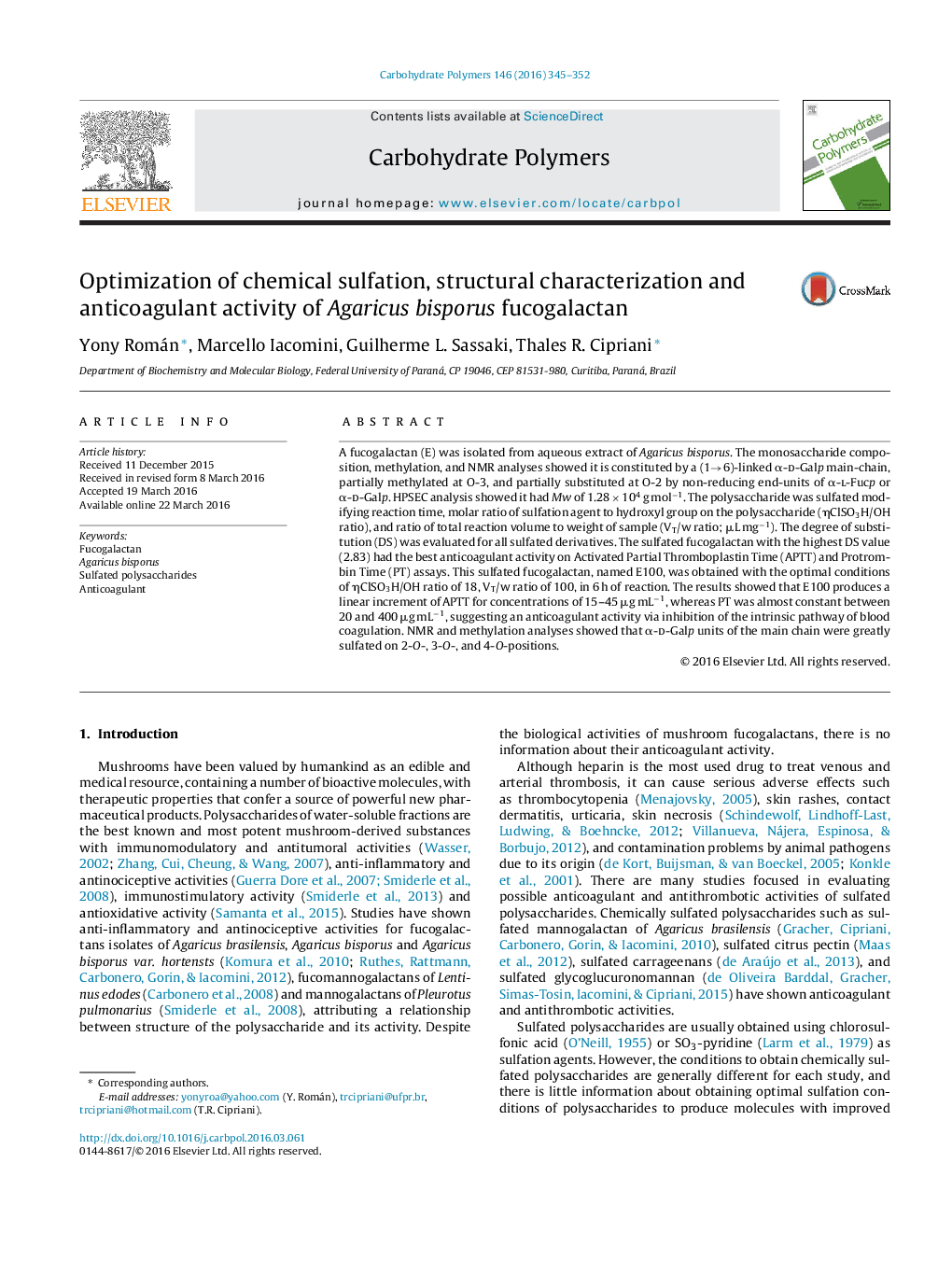 Optimization of chemical sulfation, structural characterization and anticoagulant activity of Agaricus bisporus fucogalactan