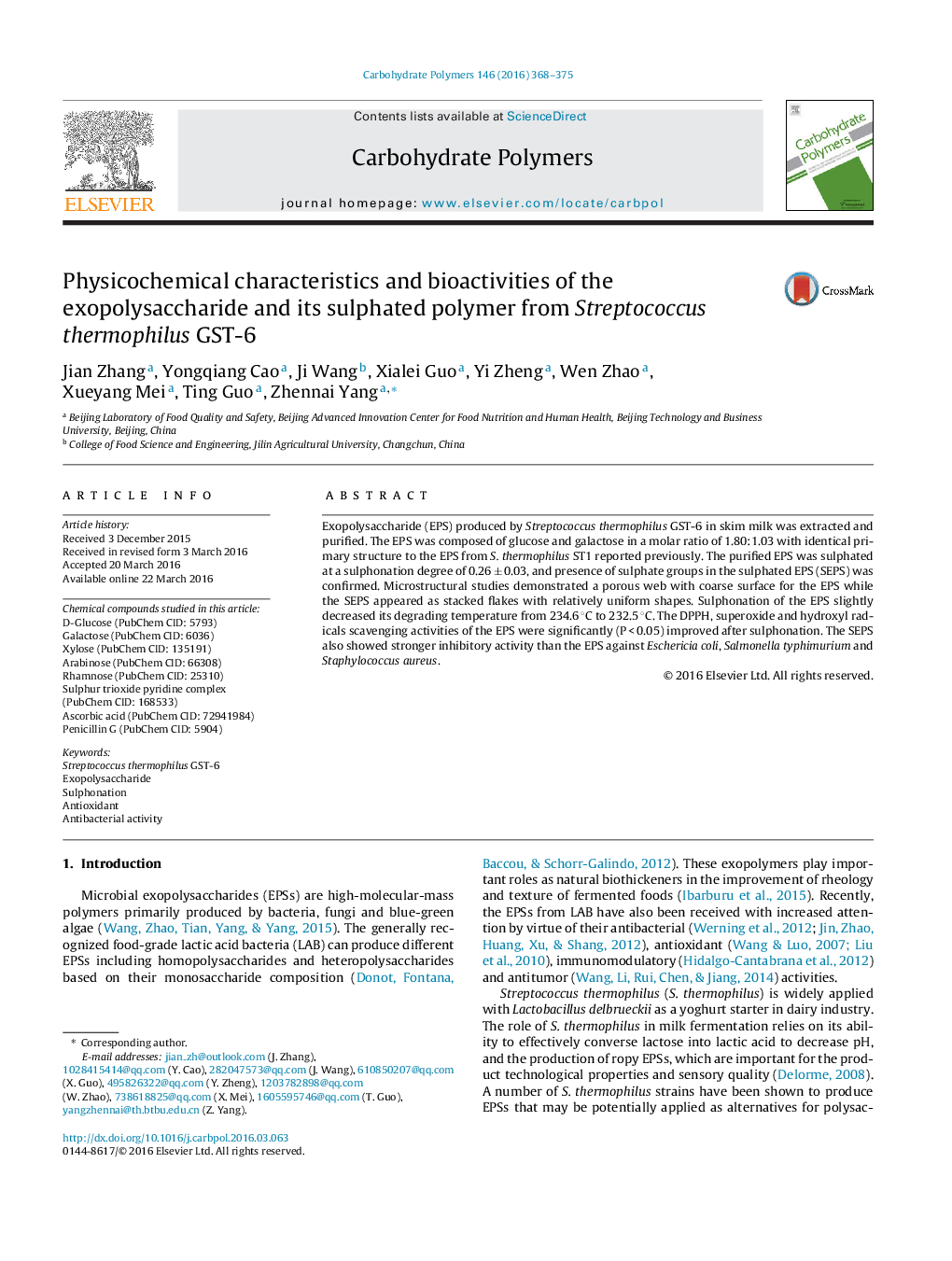 Physicochemical characteristics and bioactivities of the exopolysaccharide and its sulphated polymer from Streptococcus thermophilus GST-6