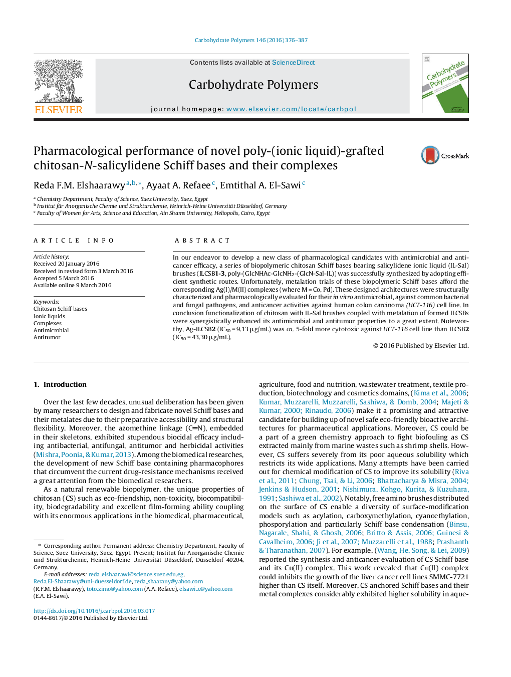 Pharmacological performance of novel poly-(ionic liquid)-grafted chitosan-N-salicylidene Schiff bases and their complexes