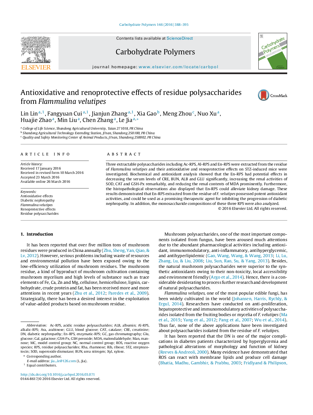 Antioxidative and renoprotective effects of residue polysaccharides from Flammulina velutipes